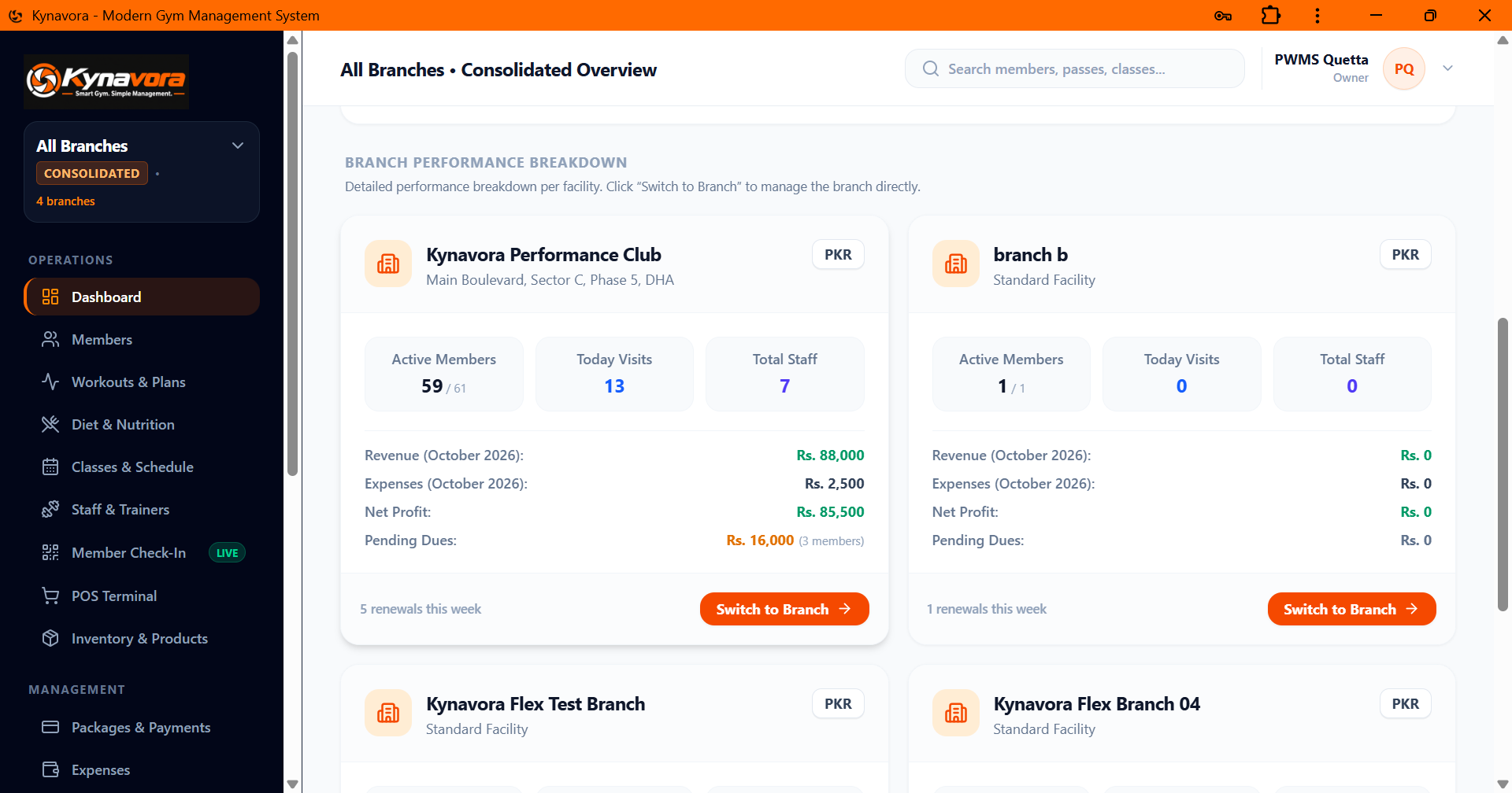 Kynavora multi-location gym software branch switcher for managing different gym locations